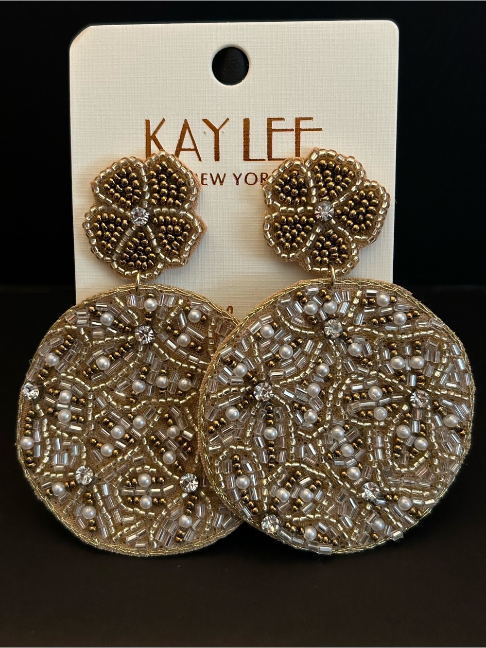 Gold & Pearl Hand Beaded Boho Design Floral Drop Earrings with Crystal Accents